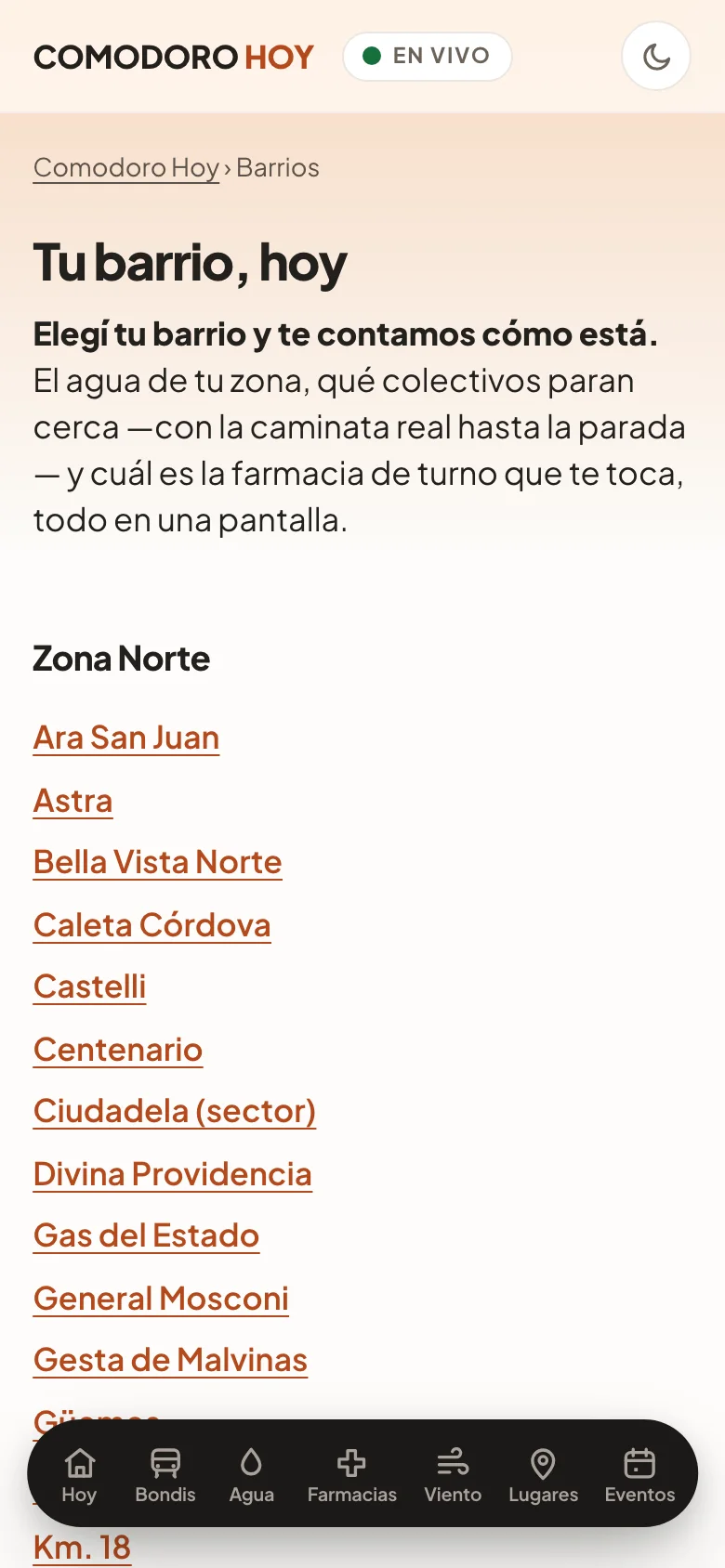 Índice de barrios de Comodoro Rivadavia en Comodoro Hoy, en el celular