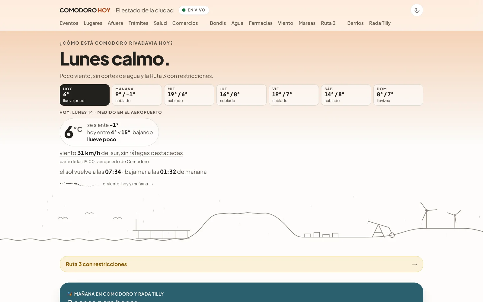 Portada de Comodoro Hoy en computadora: el estado de Comodoro Rivadavia hoy, con el clima, el viento y la Ruta 3