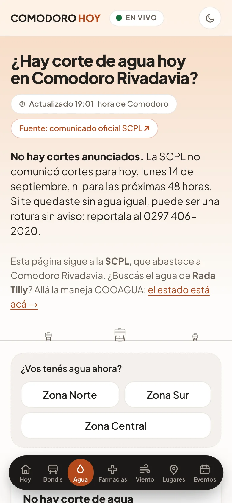 Página de corte de agua de Comodoro Hoy en el celular, con la respuesta arriba y la fuente oficial al lado