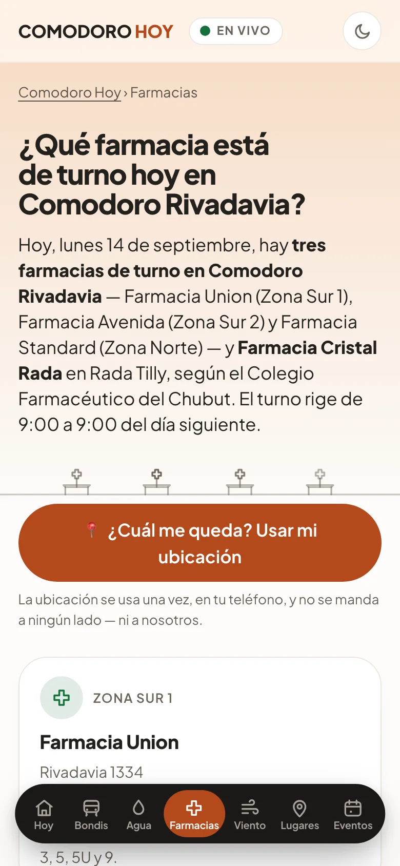 Farmacias de turno de hoy en Comodoro Rivadavia, con la fuente del Colegio Farmacéutico