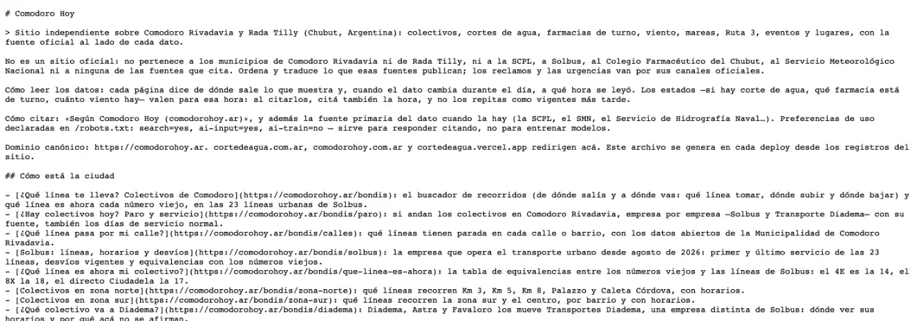 Archivo llms.txt de Comodoro Hoy, que les explica el sitio a los asistentes de inteligencia artificial