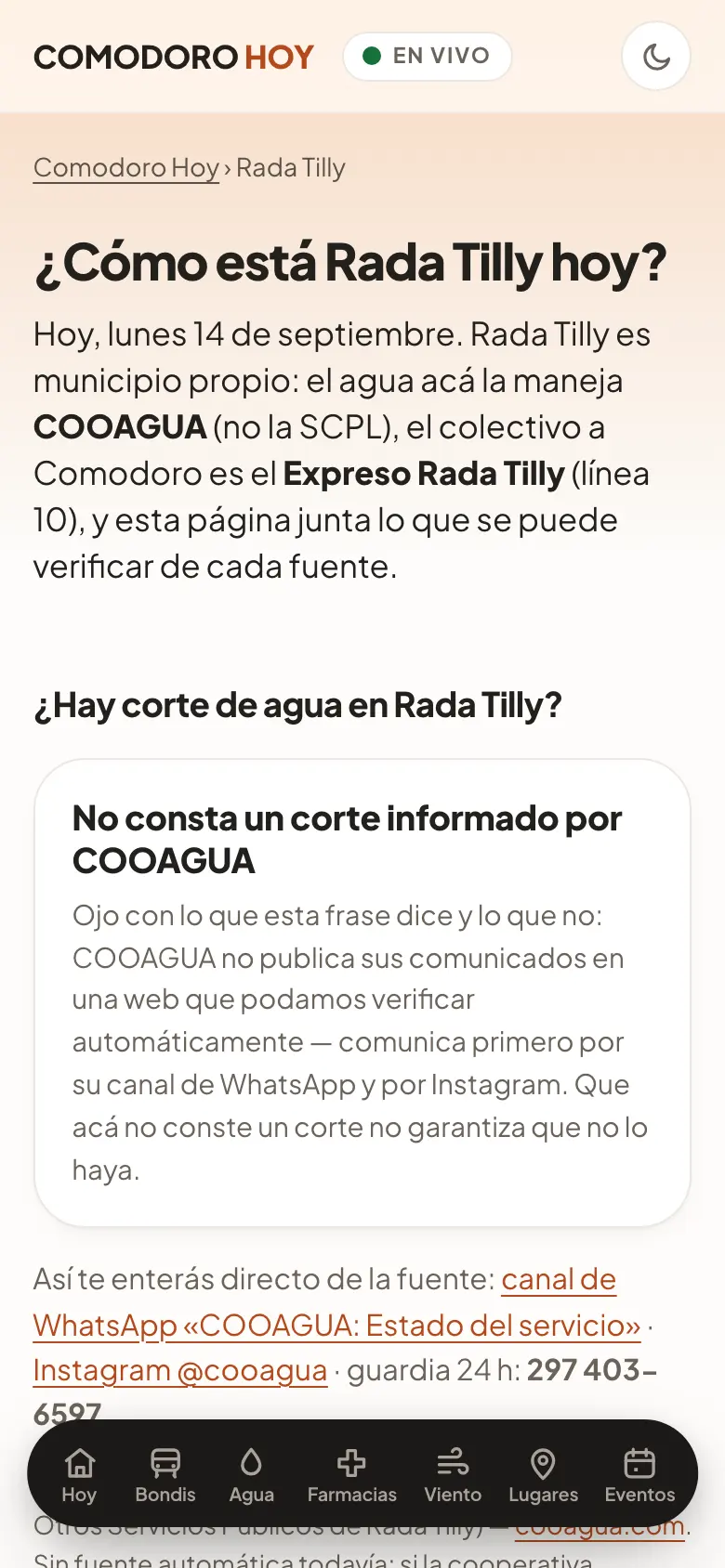 Sección de Rada Tilly en Comodoro Hoy, en el celular