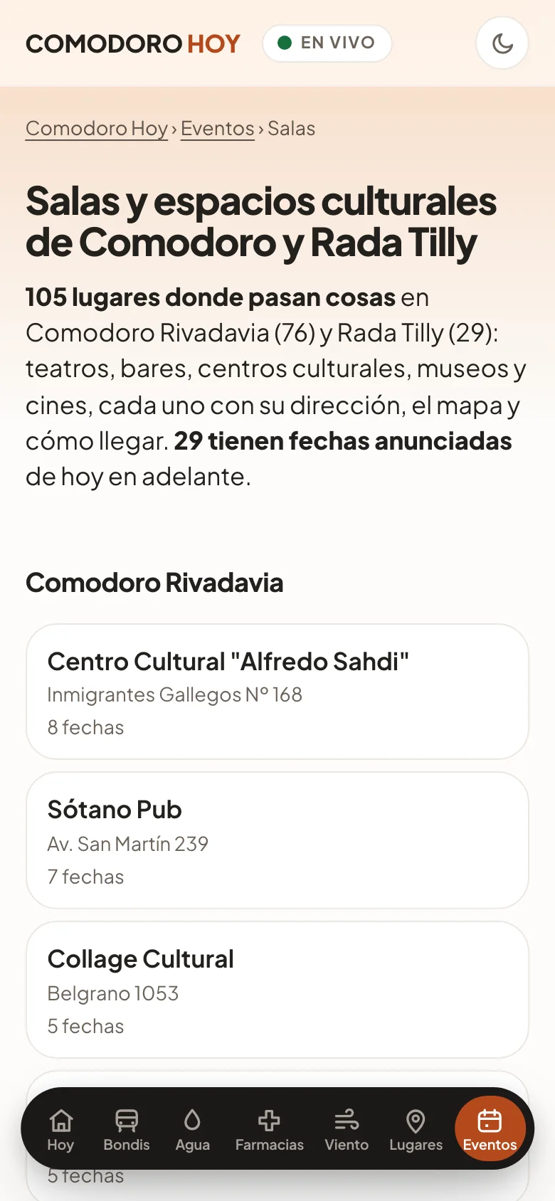 Índice de 105 salas y espacios culturales de Comodoro y Rada Tilly