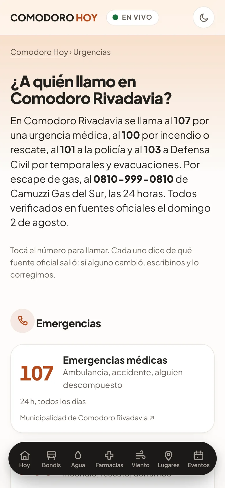 Teléfonos de emergencia de Comodoro Rivadavia verificados en fuentes oficiales, con la fecha de verificación
