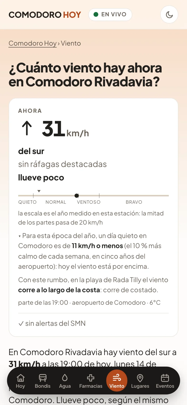 Viento de hoy en Comodoro Rivadavia en Comodoro Hoy, en el celular